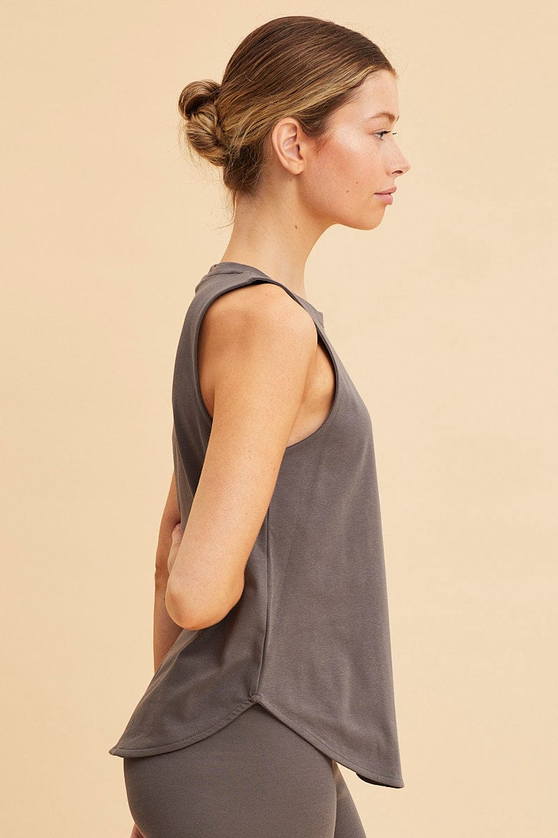 TANK Grey Sleeveless Tank Cotton Crew Neck Curved Hem for Women by Ally