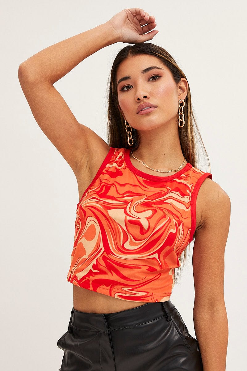 TANK Orange Abstract Tank Top Sleeveless Round Neck Crop Mesh for Women by Ally