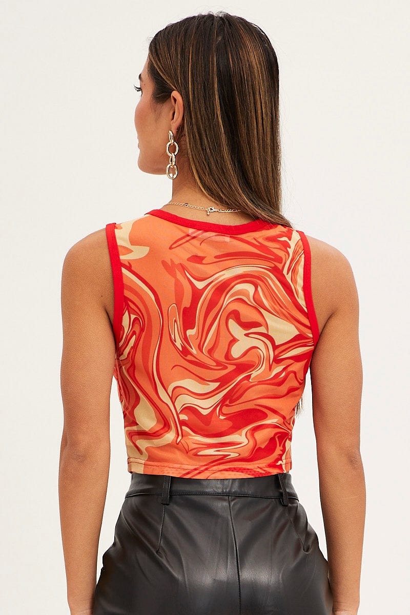 TANK Orange Abstract Tank Top Sleeveless Round Neck Crop Mesh for Women by Ally