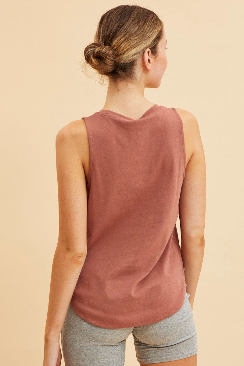 TANK Rust Sleeveless Tank Cotton Crew Neck Curved Hem for Women by Ally