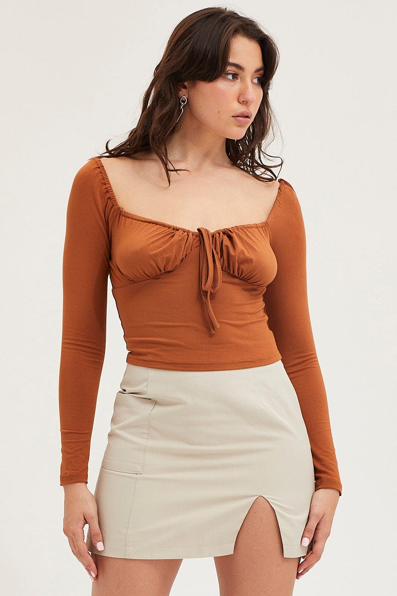 TANK SEMI CROP Brown Bodice Top Long Sleeve for Women by Ally