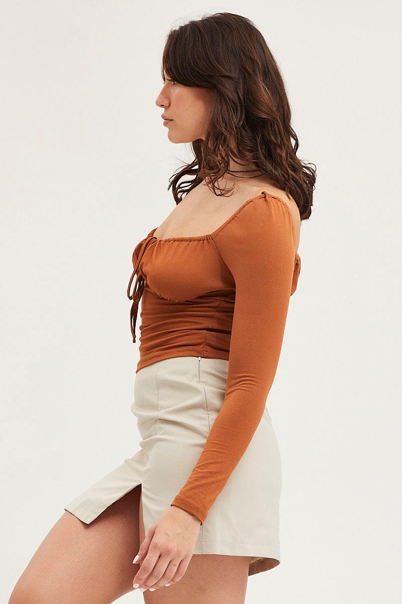 TANK SEMI CROP Brown Bodice Top Long Sleeve for Women by Ally