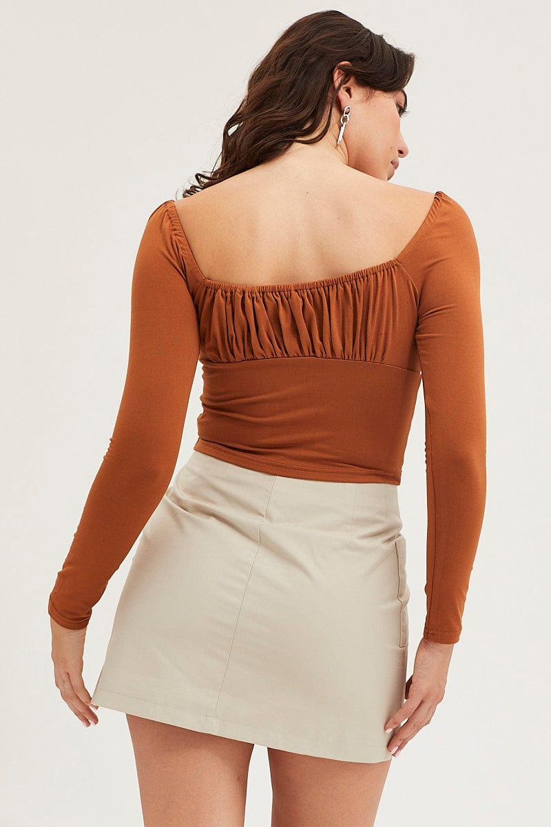 TANK SEMI CROP Brown Bodice Top Long Sleeve for Women by Ally