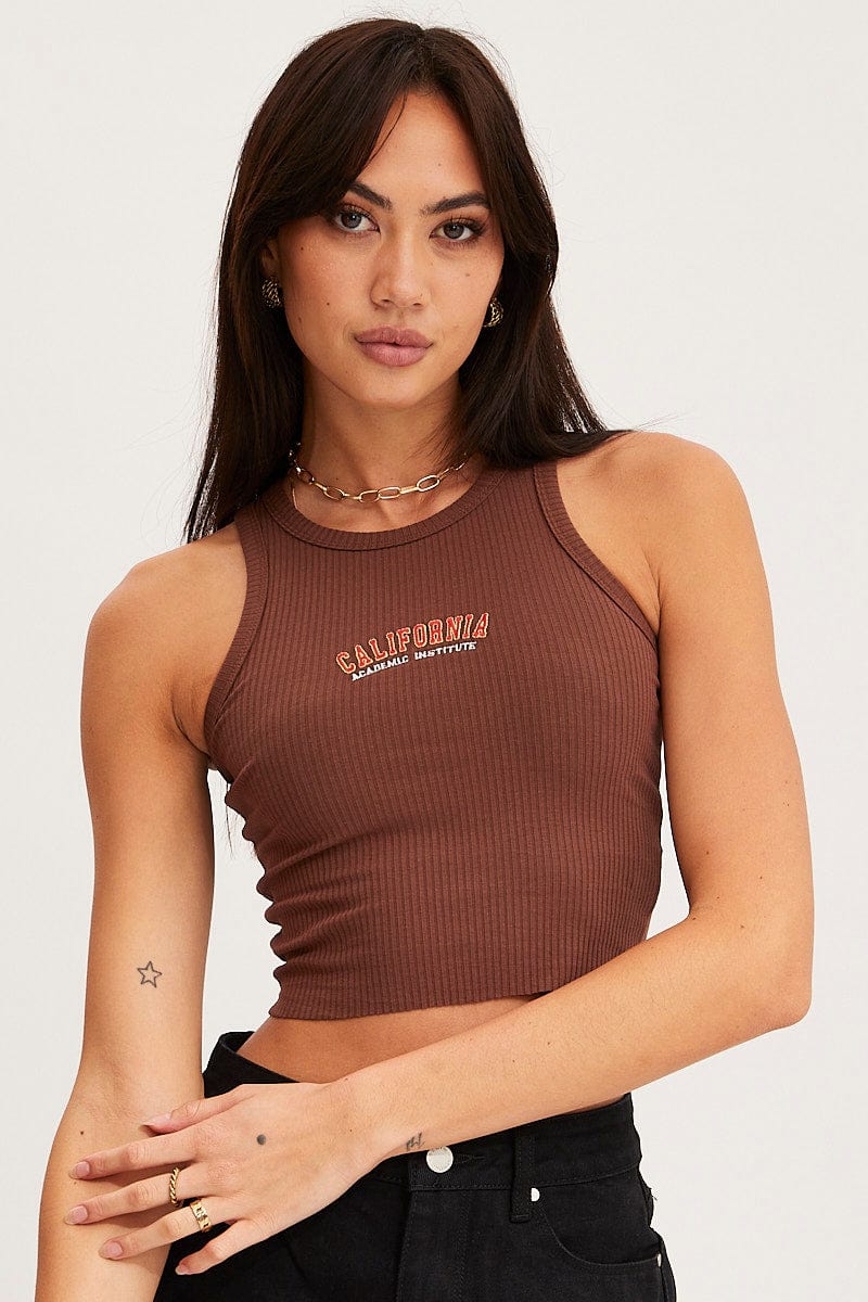 TANK SEMI CROP Brown Graphic Tank Embroided for Women by Ally