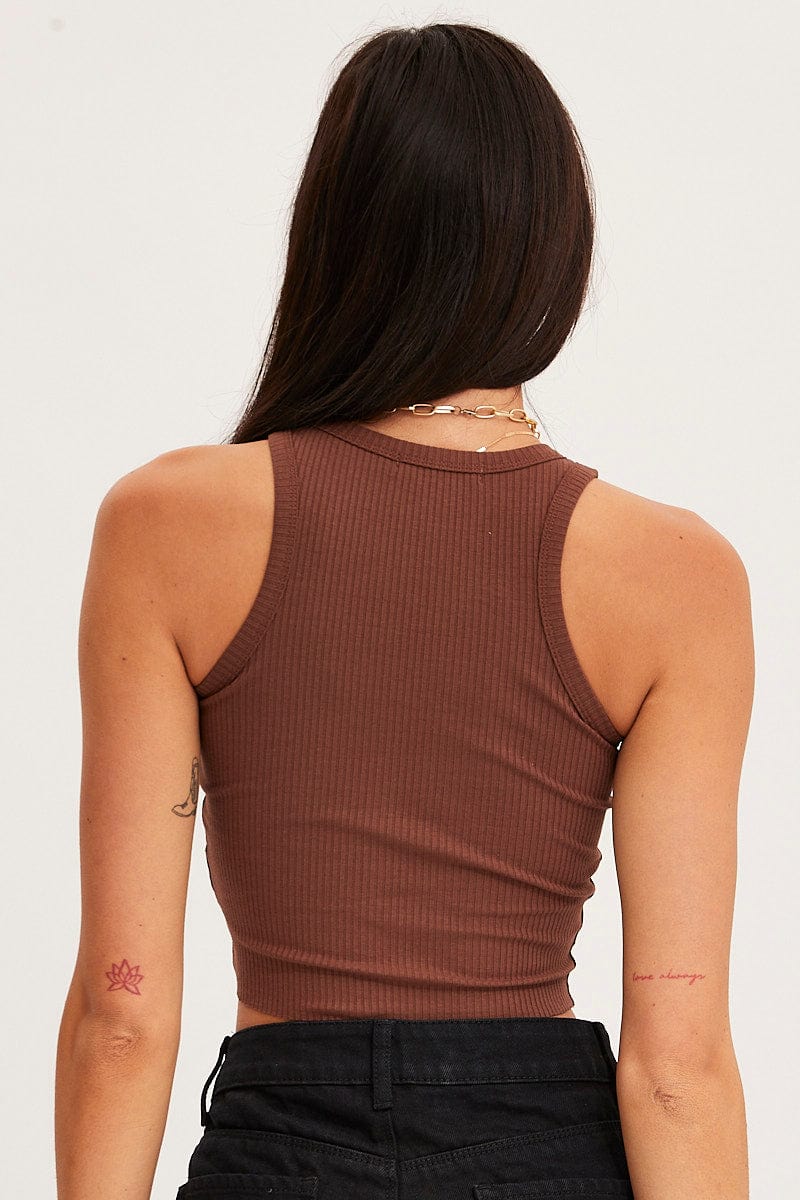 TANK SEMI CROP Brown Graphic Tank Embroided for Women by Ally