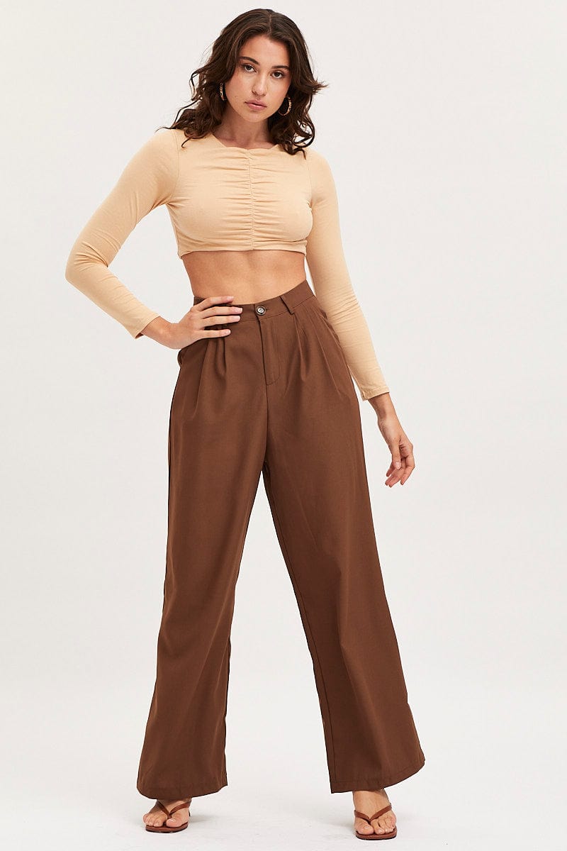 TANK SEMI CROP Camel Ruched Crop Top Long Sleeve for Women by Ally
