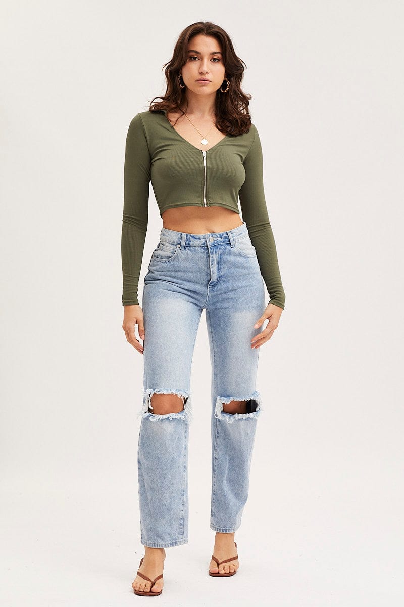 TANK SEMI CROP Green Top Long Sleeve for Women by Ally