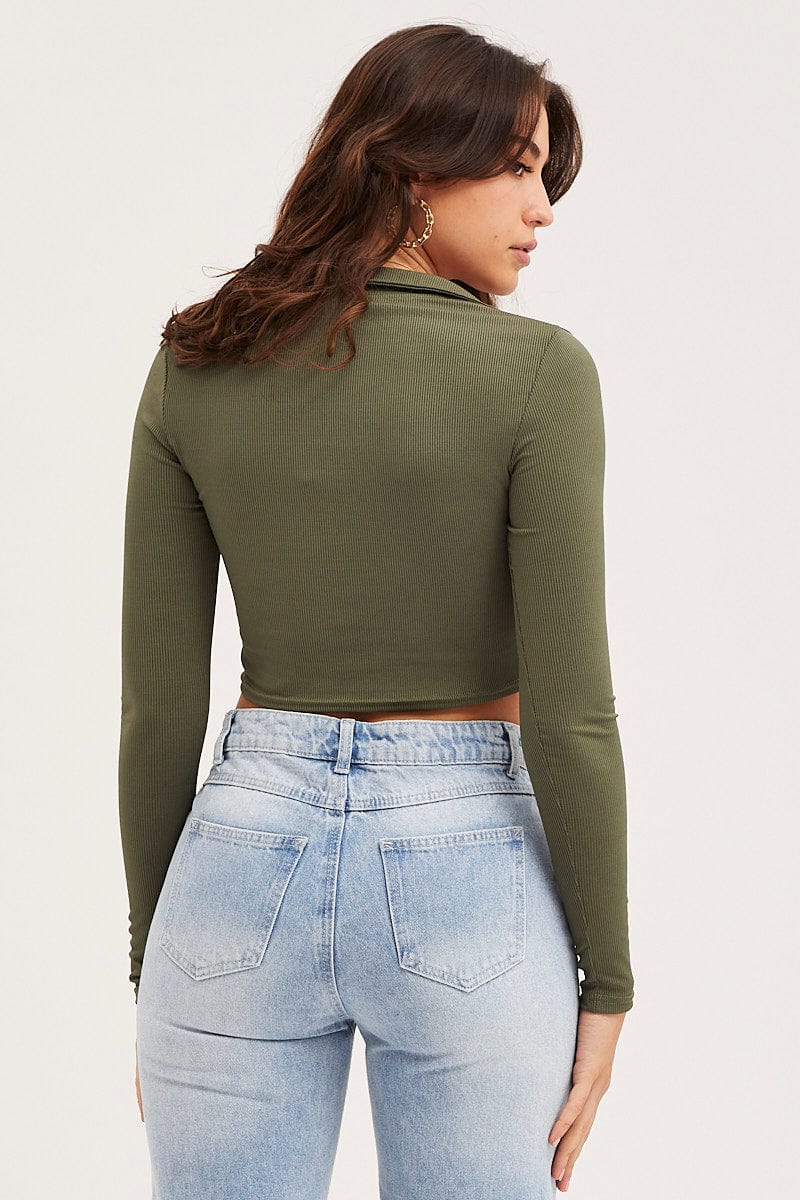 TANK SEMI CROP Green Top Long Sleeve for Women by Ally