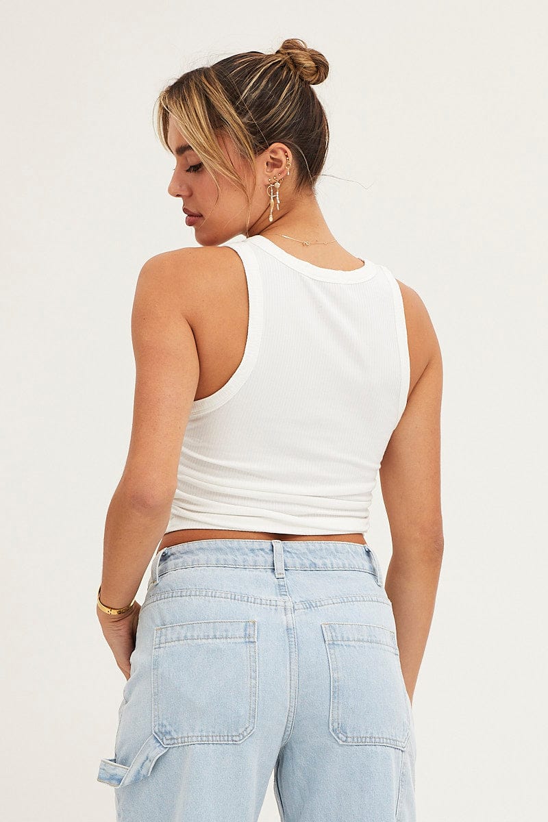 TANK White Ribbed Ruched Side Racer Top for Women by Ally