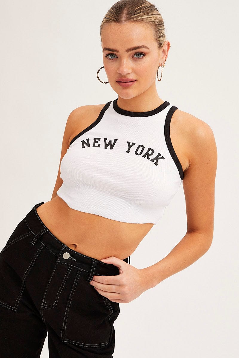 TANK White Tank Top Round Neck Contrast Bind New York Rib for Women by Ally