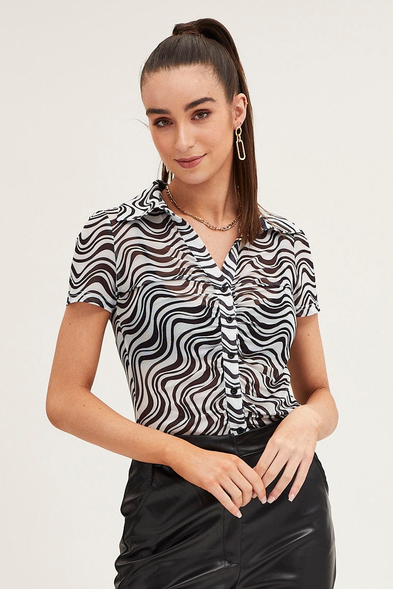 TOP Abstract Print Abstract Shirt Short Sleeve Mesh for Women by Ally