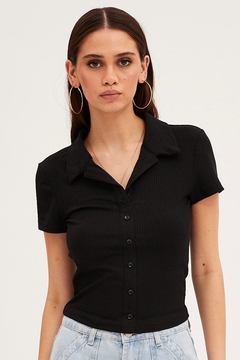 Black Collared Top Short Sleeve Button Up Rib Jersey