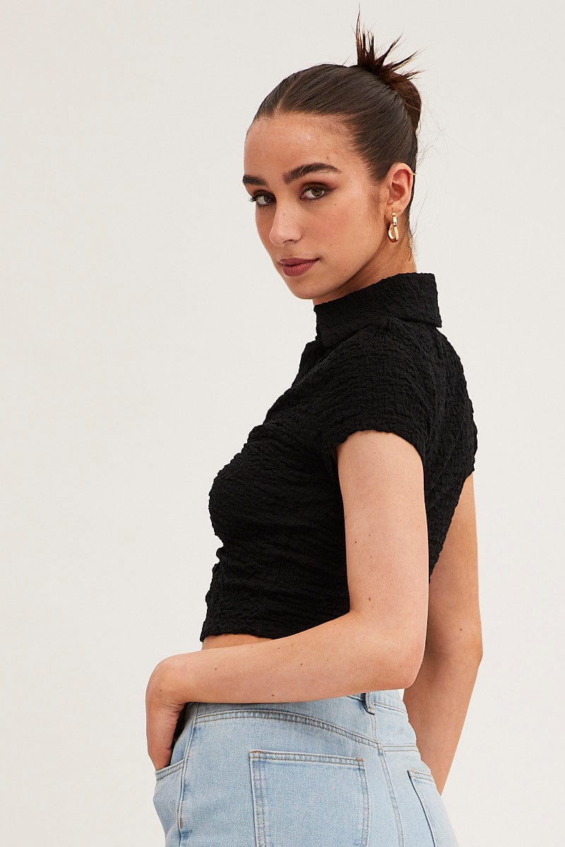 TOP Black Crop Top Short Sleeve Collared Button Up Textured for Women by Ally