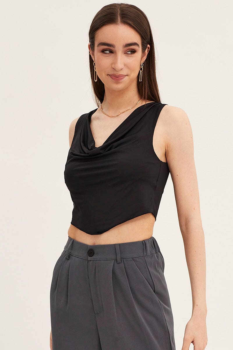 TOP Black Dip Hem Cowl Neck Top for Women by Ally