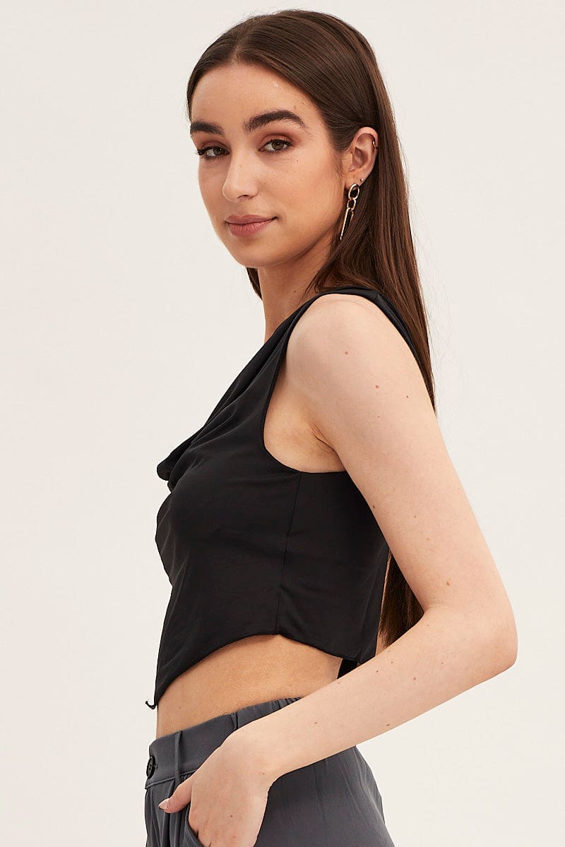 TOP Black Dip Hem Cowl Neck Top for Women by Ally