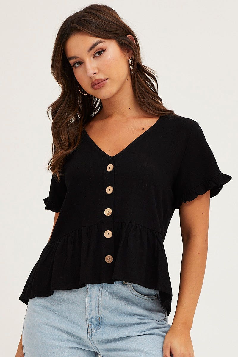TOP Black Frill Top Short Sleeve V-Neck Linen Blend for Women by Ally