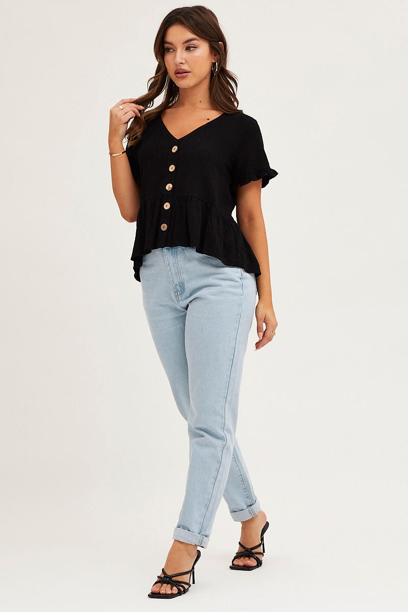 TOP Black Frill Top Short Sleeve V-Neck Linen Blend for Women by Ally