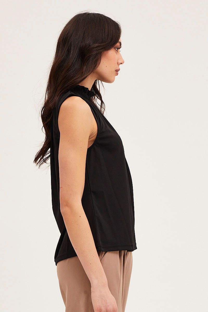 TOP Black High Neck Gathered Detail Workwear Tank for Women by Ally