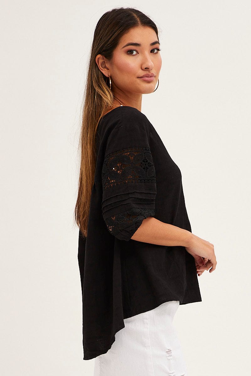 TOP Black Lace Trim Top Half Sleeve V Neck Longline Cotton for Women by Ally