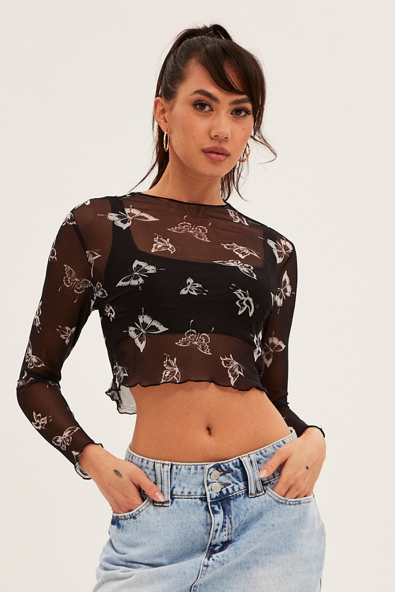 TOP Black Mesh Long Sleeve Crop Top for Women by Ally
