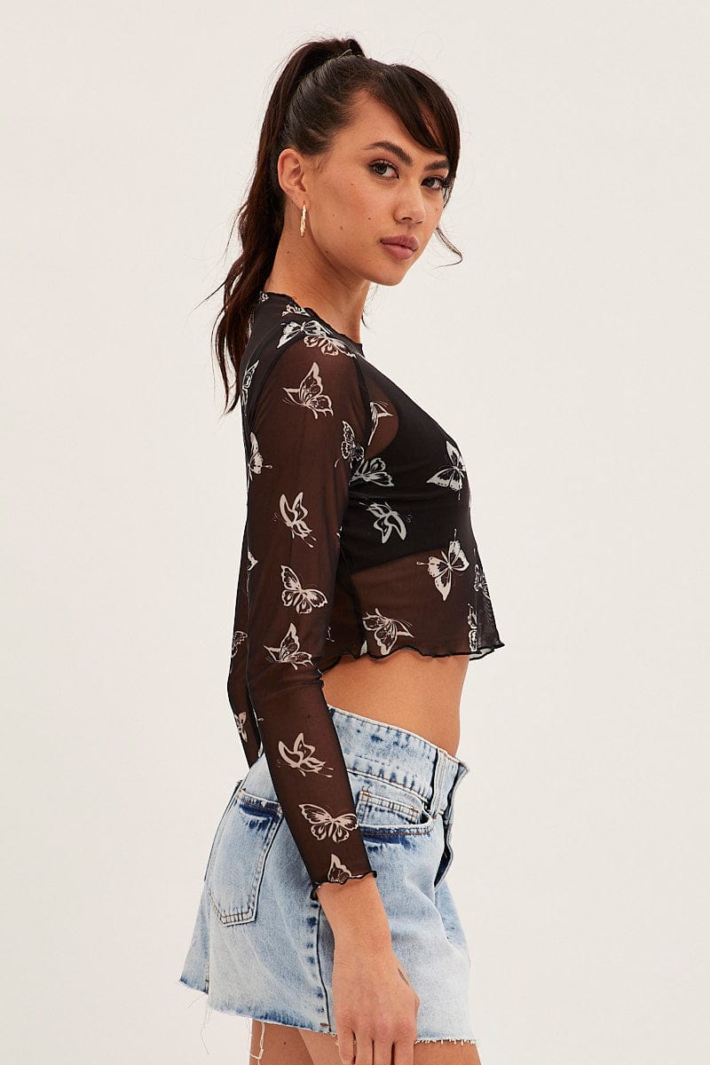TOP Black Mesh Long Sleeve Crop Top for Women by Ally
