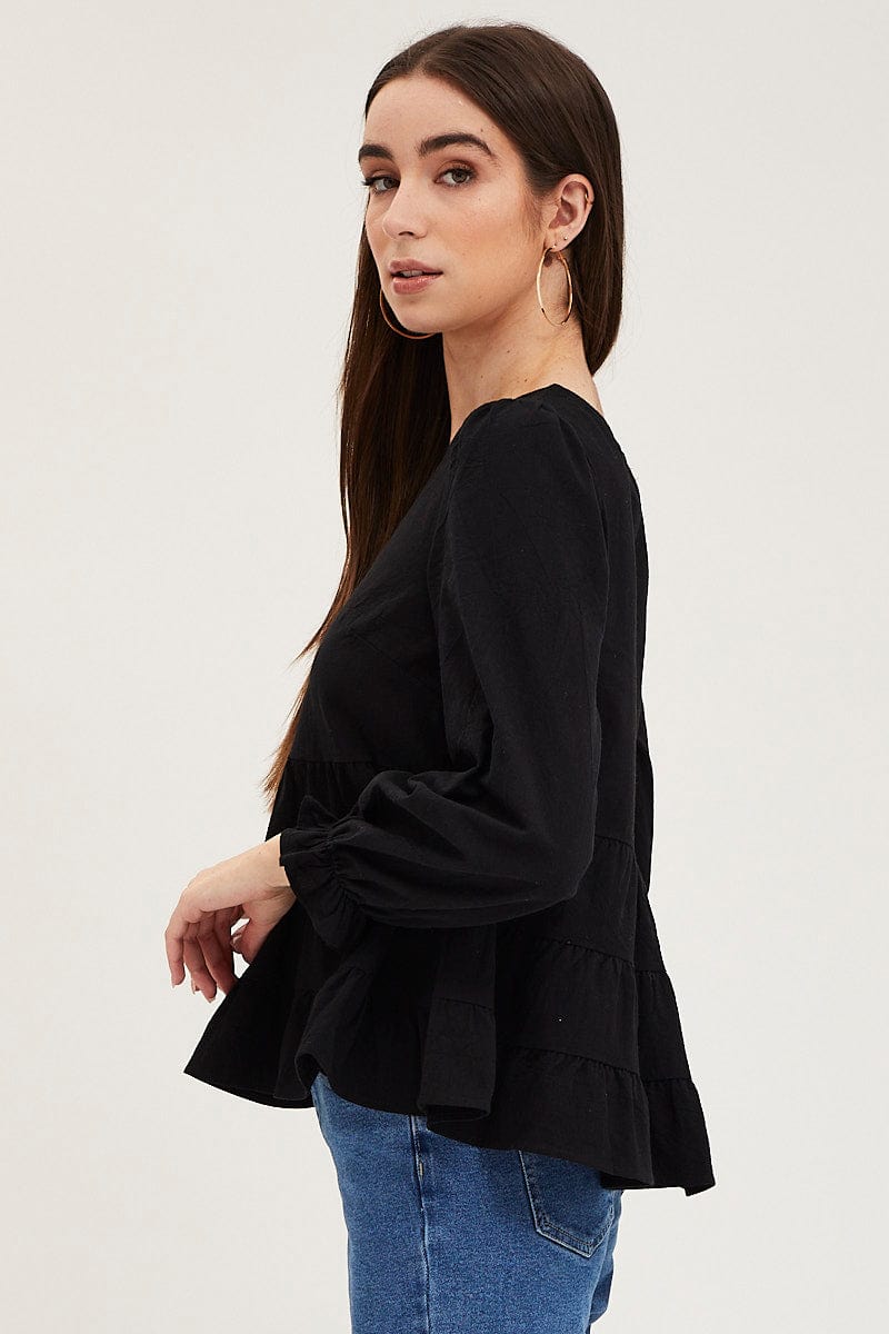 TOP Black Smock Top Long Sleeve for Women by Ally