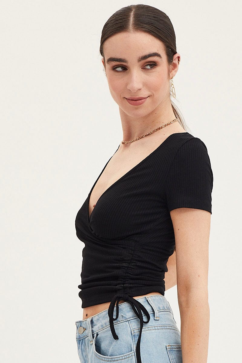 Women’s Black Top Drawstring Wrap Neck | Ally Fashion