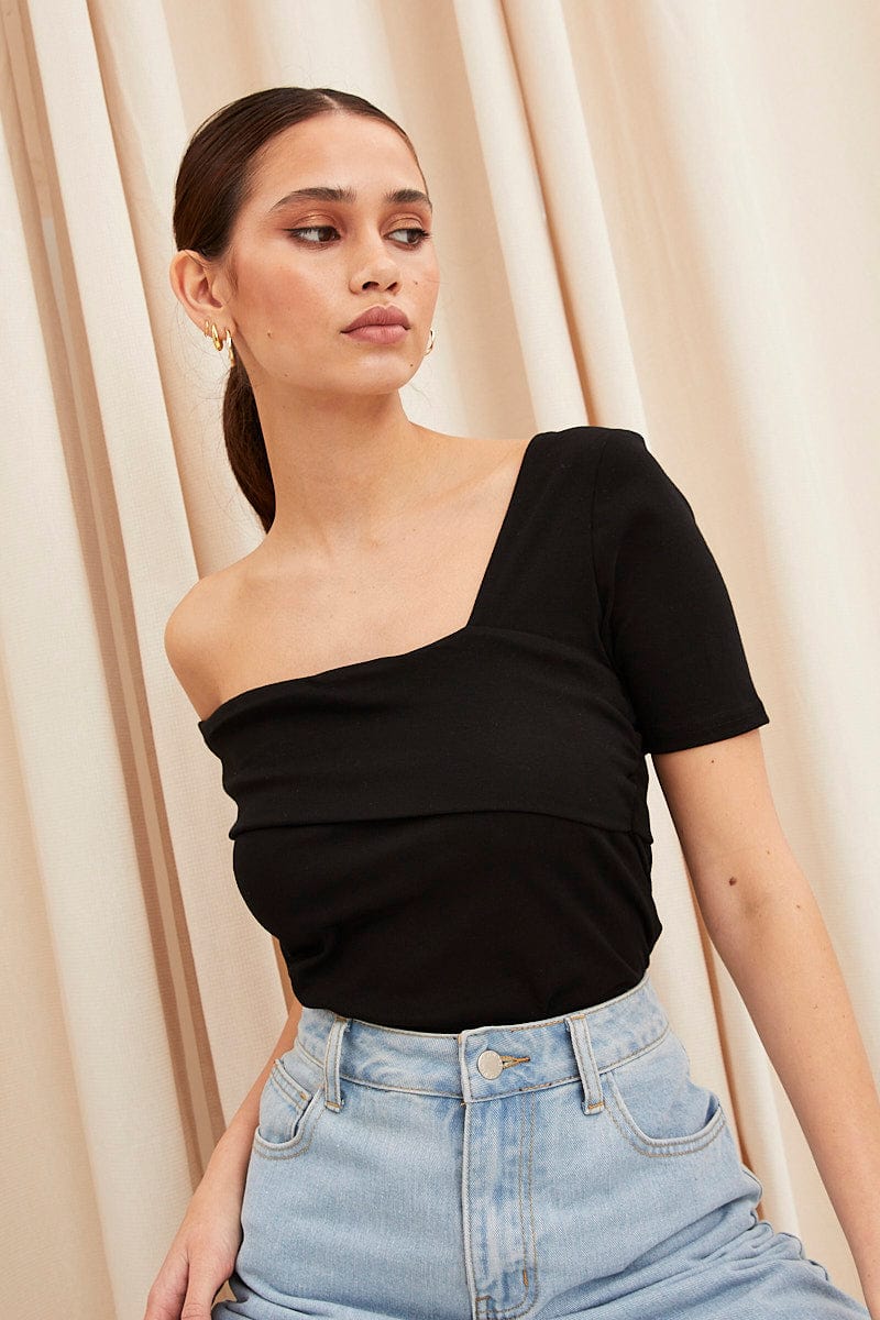 TOP Black Top Short Sleeve Asymmetric Neckline Cotton Jersey for Women by Ally