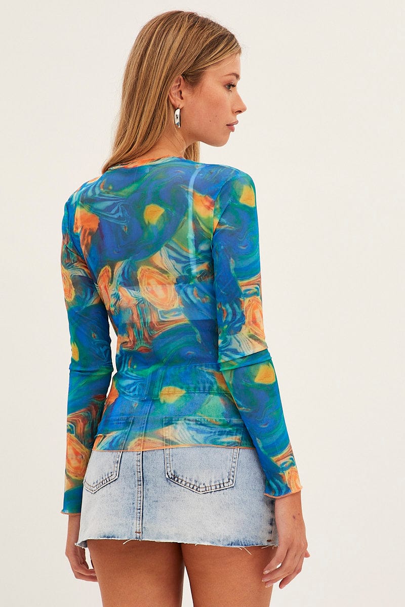 TOP Blue Abstract Abstract Print Mesh Top for Women by Ally