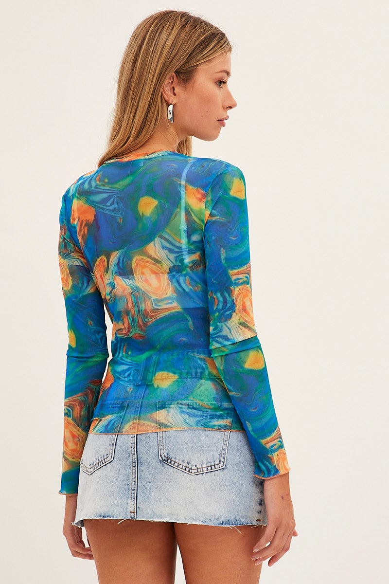 Blue Abstract Abstract Print Mesh Top | Ally Fashion
