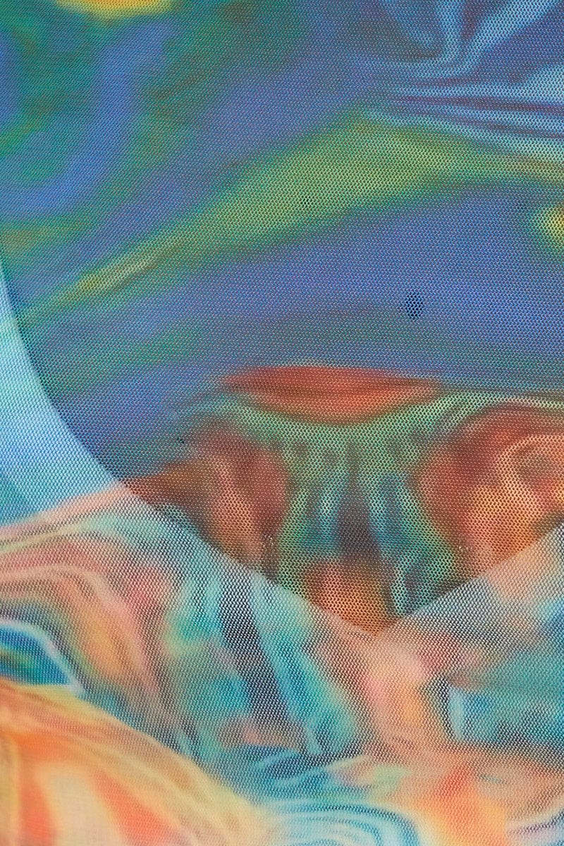 Blue Abstract Abstract Print Mesh Top | Ally Fashion