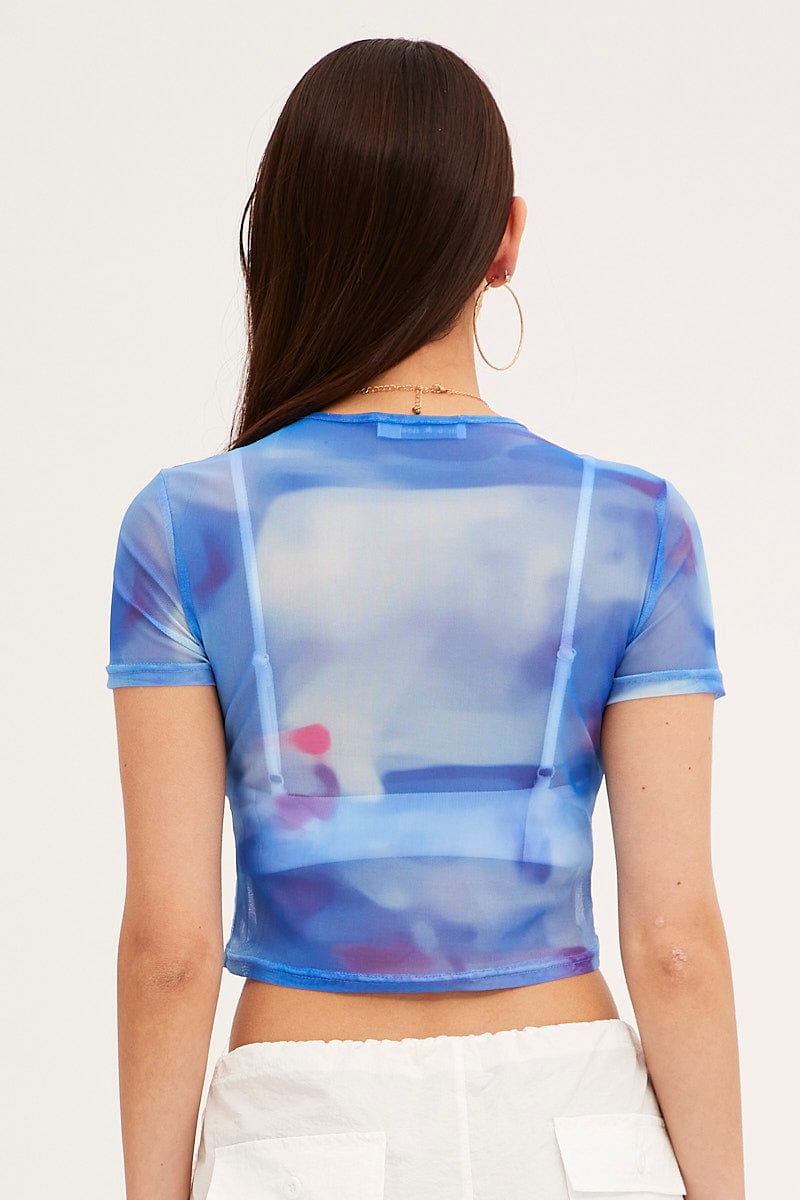 TOP Blue Abstract Landscape Print Mesh Short Sleeve Top for Women by Ally