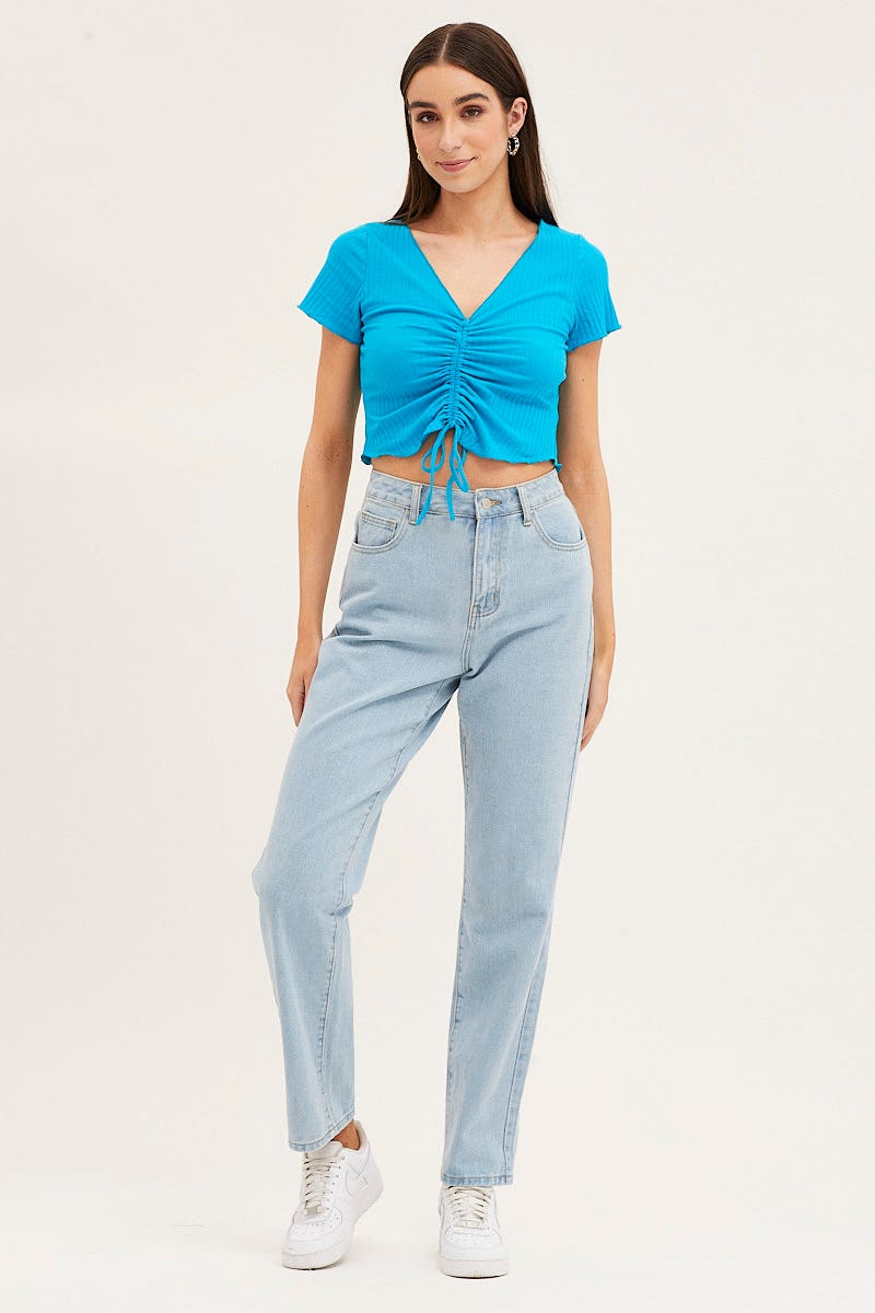 TOP Blue Crop Top Short Sleeve Ribbed for Women by Ally