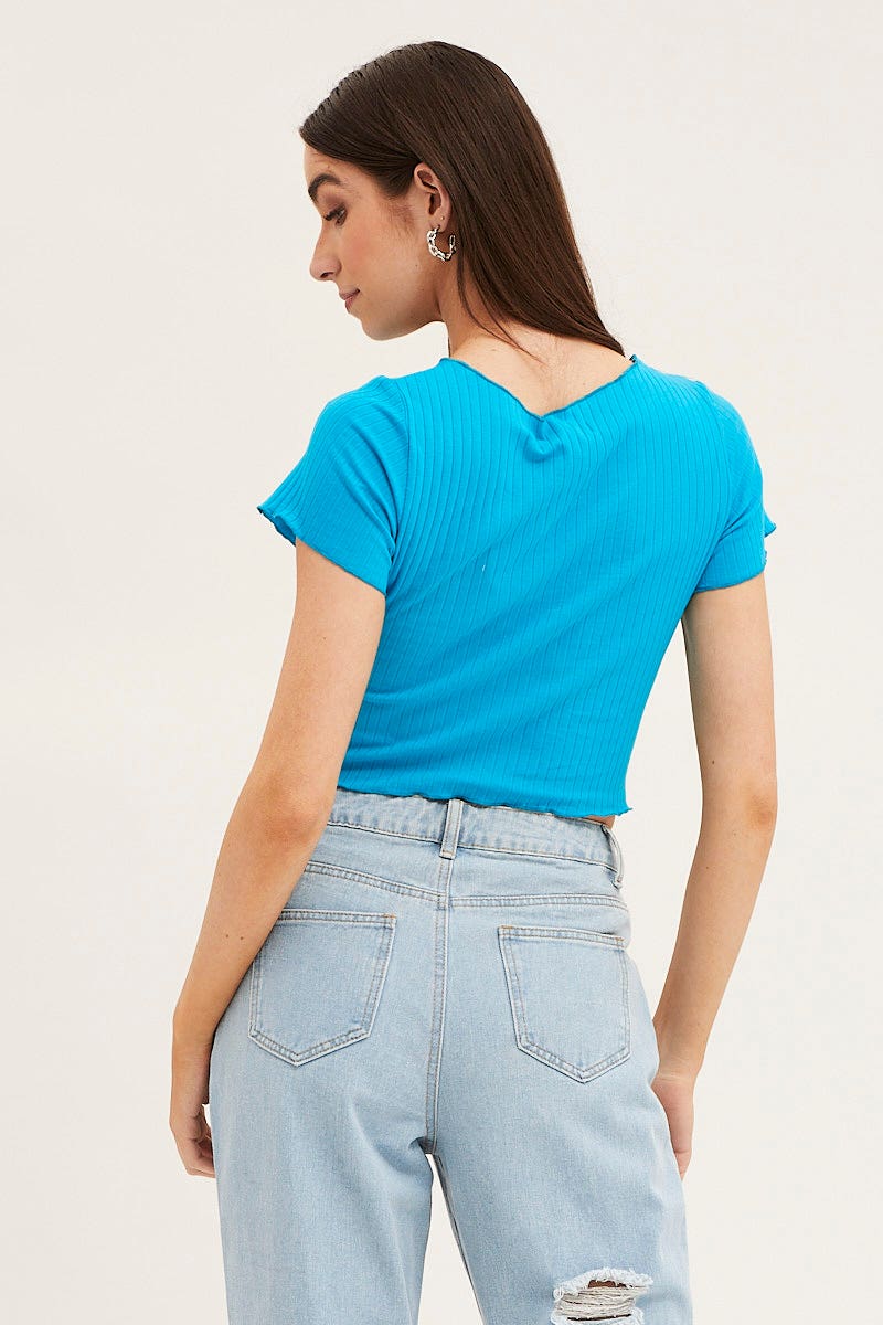 TOP Blue Crop Top Short Sleeve Ribbed for Women by Ally