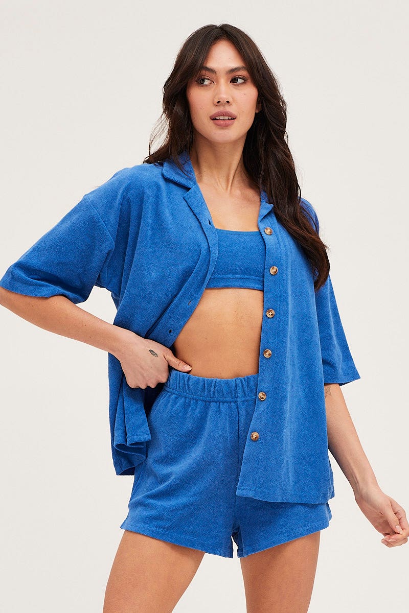 TOP Blue Lounge Top Short Sleeve Oversized Terry for Women by Ally