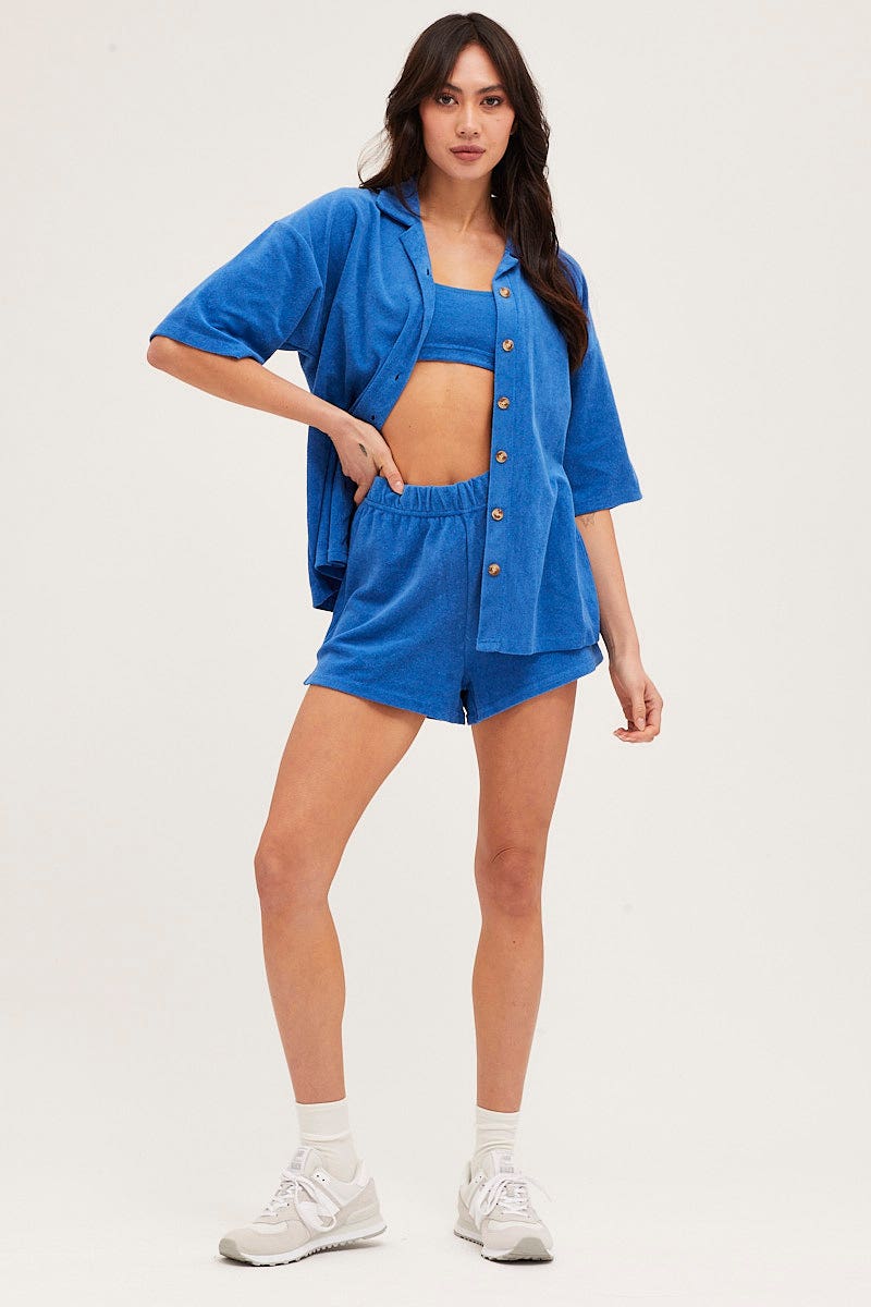 TOP Blue Lounge Top Short Sleeve Oversized Terry for Women by Ally