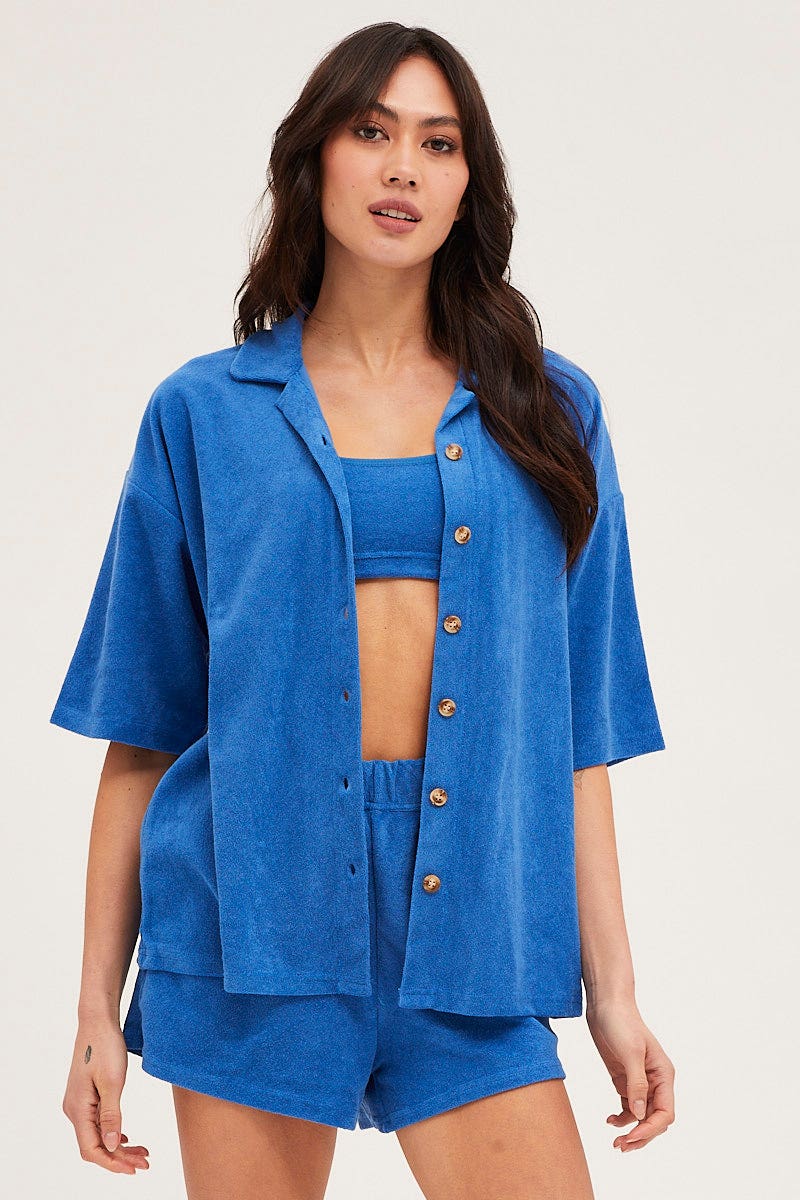 TOP Blue Lounge Top Short Sleeve Oversized Terry for Women by Ally