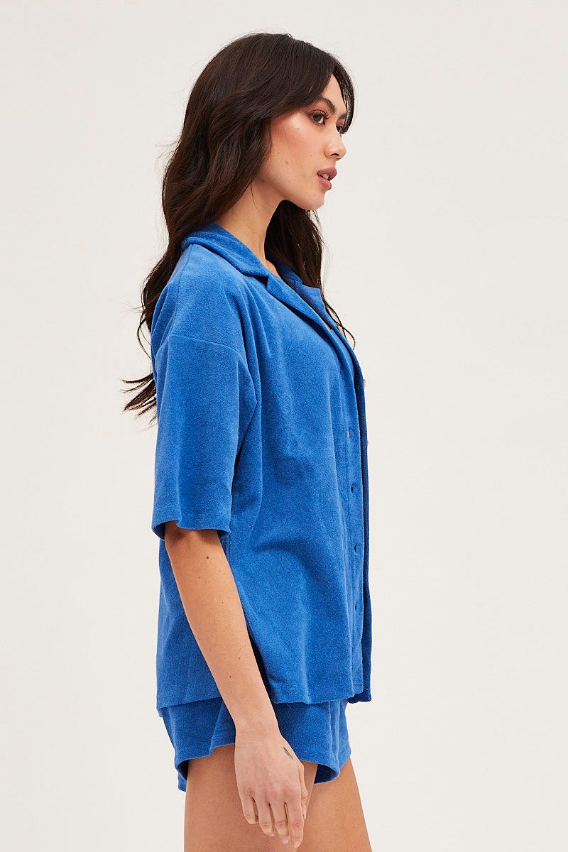 TOP Blue Lounge Top Short Sleeve Oversized Terry for Women by Ally