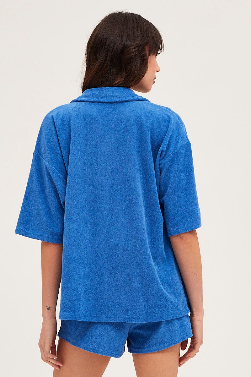 TOP Blue Lounge Top Short Sleeve Oversized Terry for Women by Ally