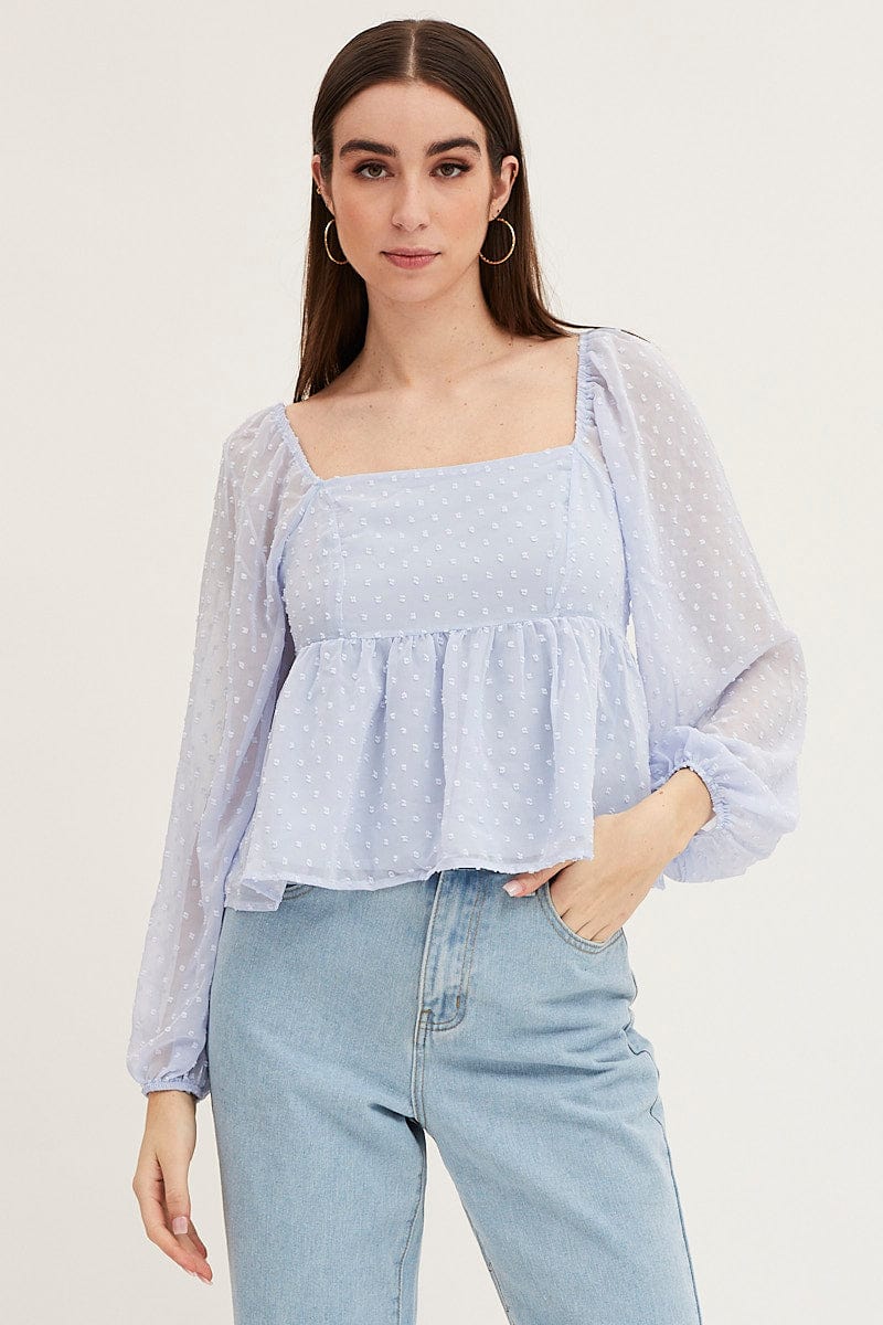 Women’s Blue Puff Sleeve Peplum Top | Ally Fashion