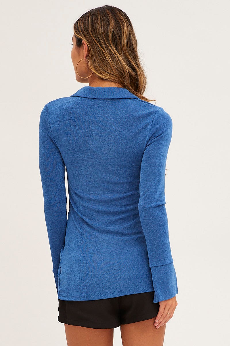 TOP Blue Slinky Jersey Long Sleeve Top for Women by Ally