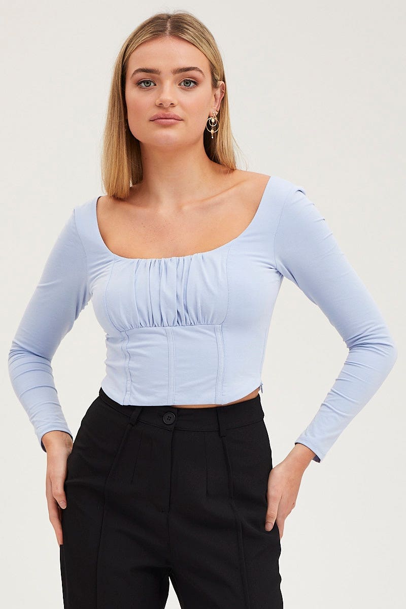 TOP Blue Top Long Sleeve Gathered Bust for Women by Ally