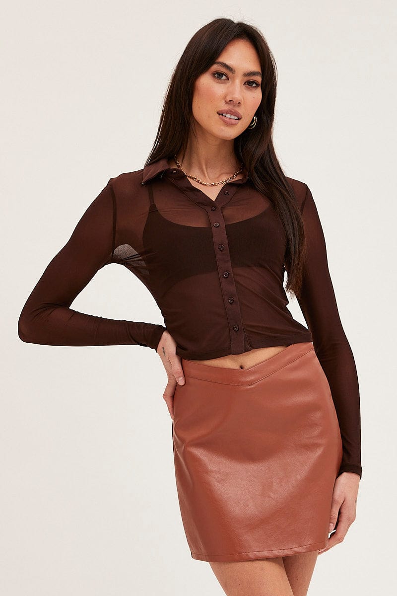 TOP Brown Button Front Top Long Sleeve Mesh for Women by Ally