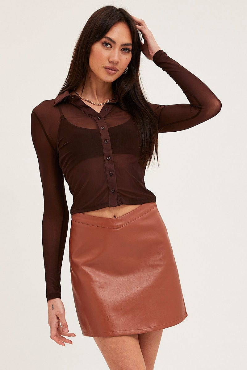 Women’s Brown Button Front Top Long Sleeve Mesh | Ally Fashion