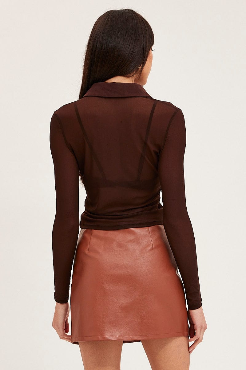 Women’s Brown Button Front Top Long Sleeve Mesh | Ally Fashion