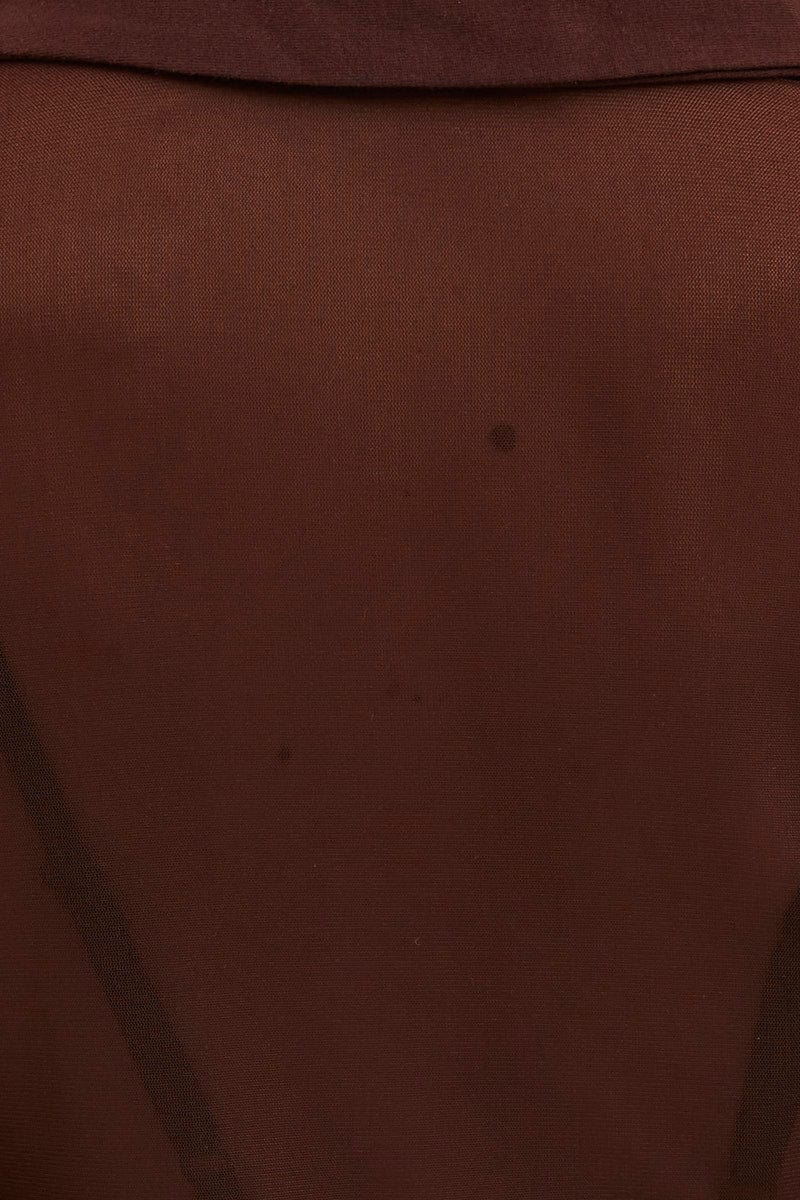 Women’s Brown Button Front Top Long Sleeve Mesh | Ally Fashion