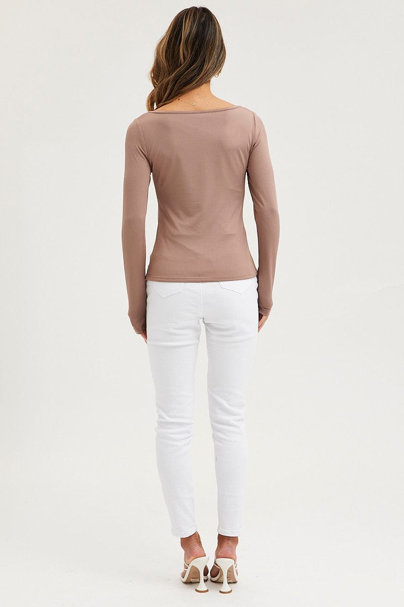 TOP Brown Jersey Top Long Sleeve for Women by Ally