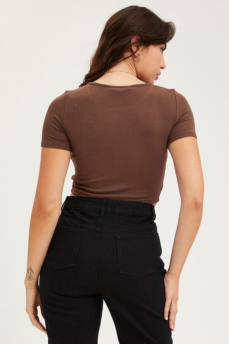 TOP Brown Jersey Top Ribbed for Women by Ally