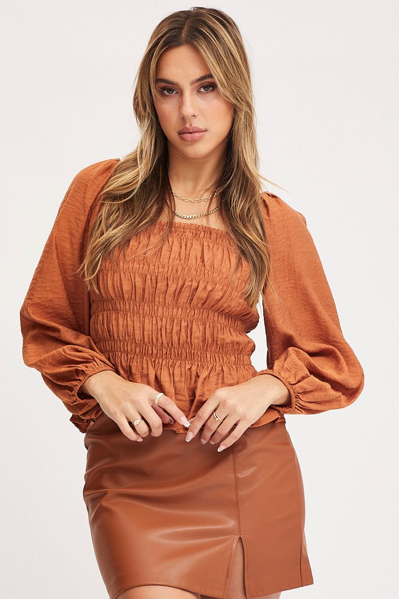 TOP Brown Peplum Top Long Sleeve for Women by Ally