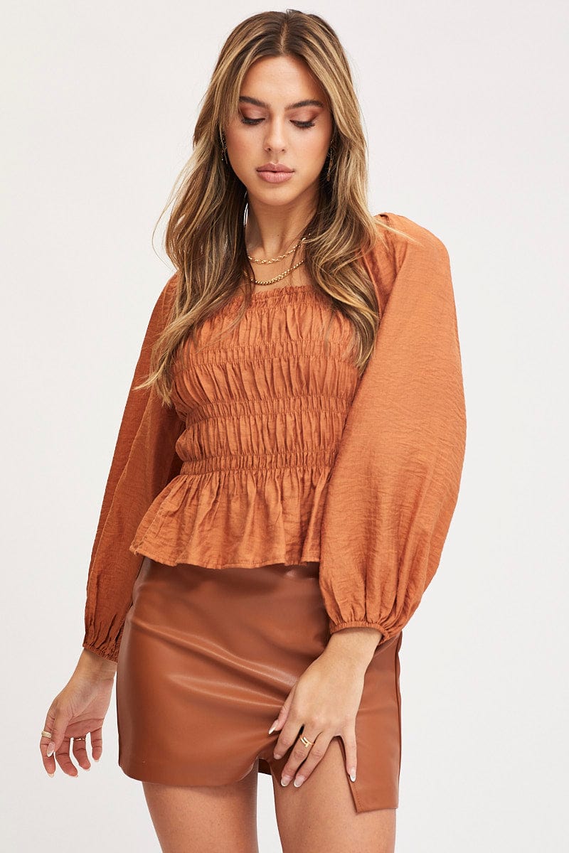 TOP Brown Peplum Top Long Sleeve for Women by Ally